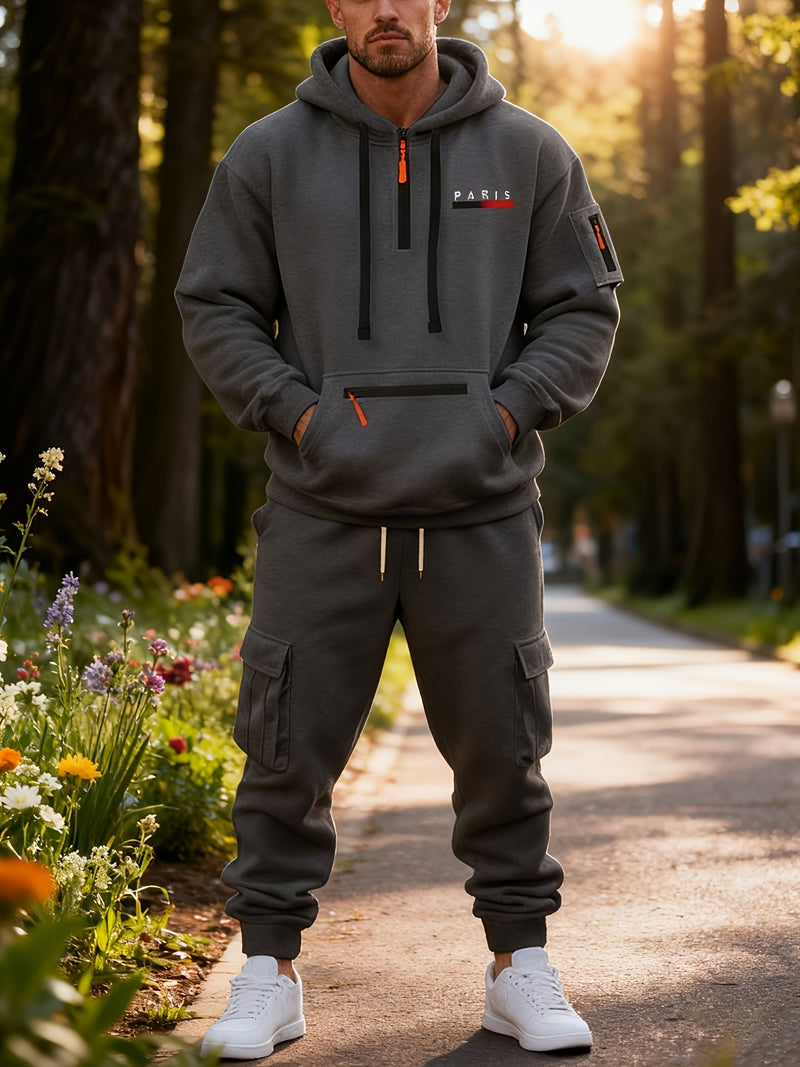 Men's Halloween Paris Letter Print Hoodie & Drawstring Cargo Jogger.