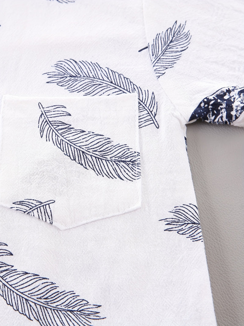 2pcs Boys' Casual Feather Shirt and Shorts Set Vibrant Yellow with Blue Accents.