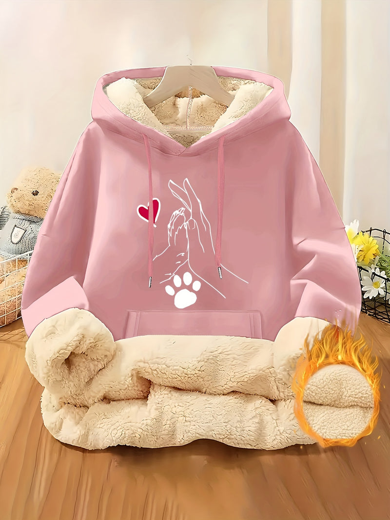 Women's Cozy Fleece-Lined Hoodie with Heart & Paw Print Design.