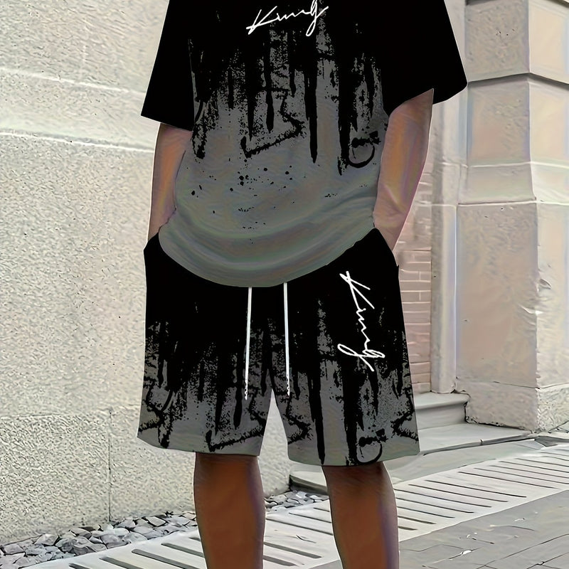 Men's New Round Neck Casual T-Shirt and Shorts Set.