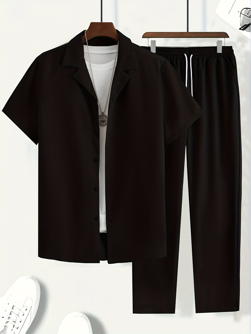 A Set of Two Men's Casual Solid Color Suit Collar Shirts And Long Pants.