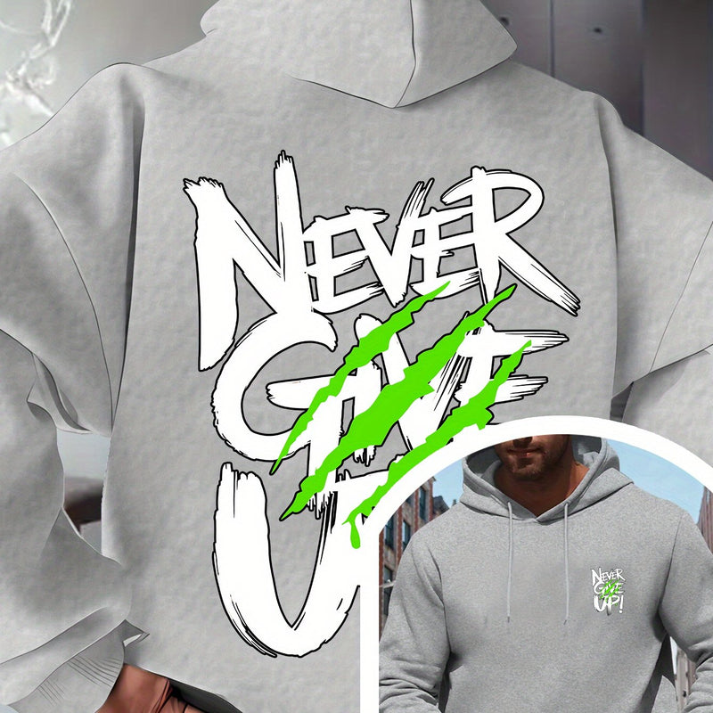 Men's Red Hoodie with "Never Give Up" Print.