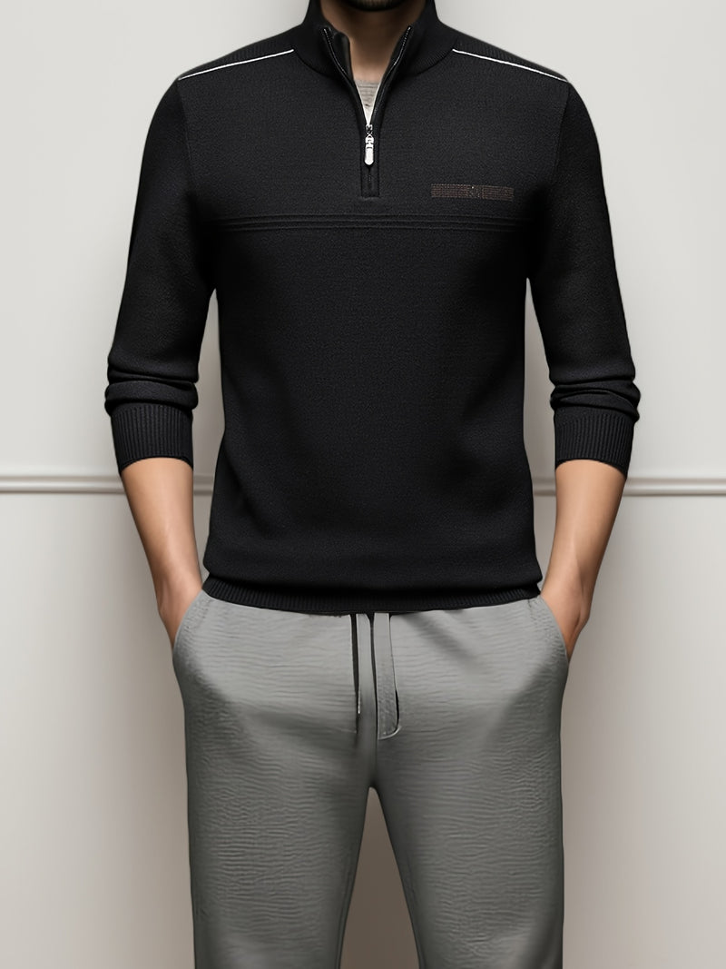 Men's Solid Color Simple Zip-Up High-Neck Long-Sleeve.