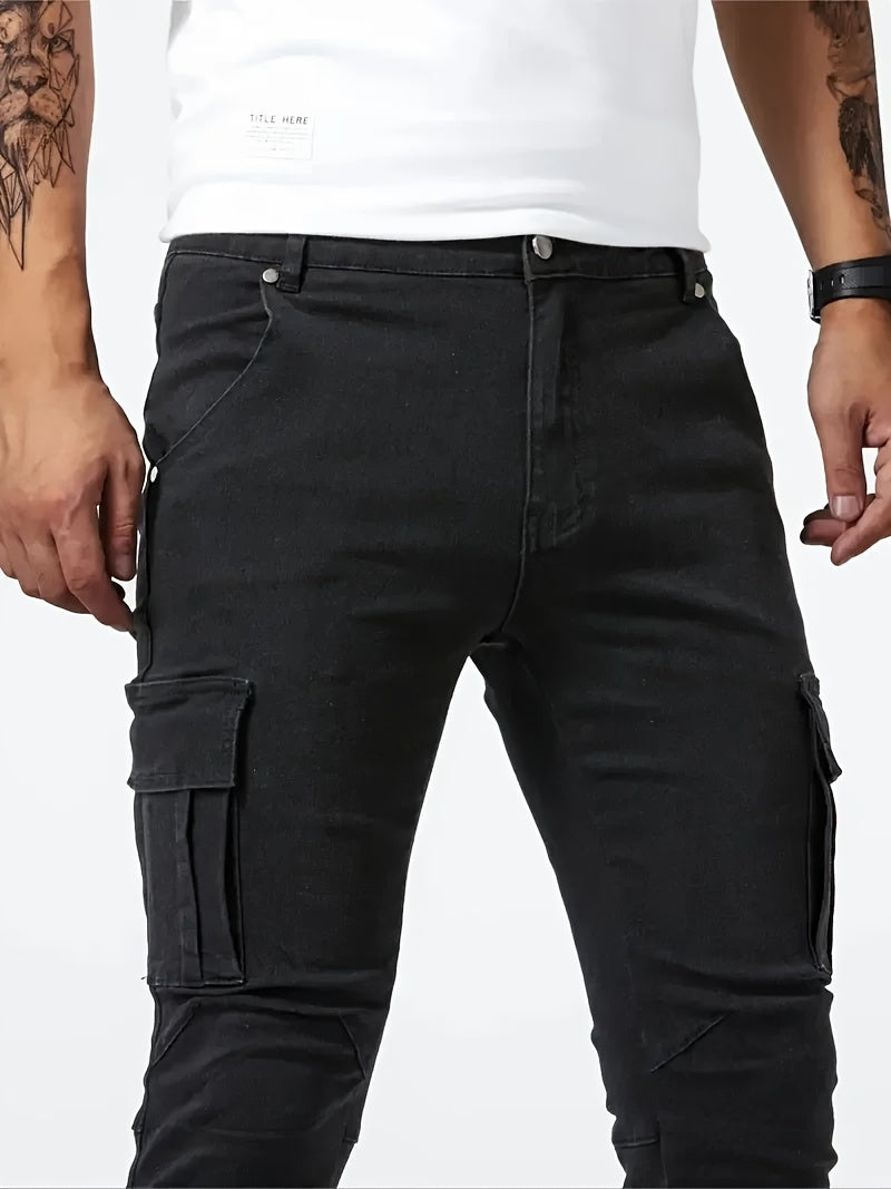 2pcs Men's Skinny Jeans Multi-pocket mid-waist stretch denim.
