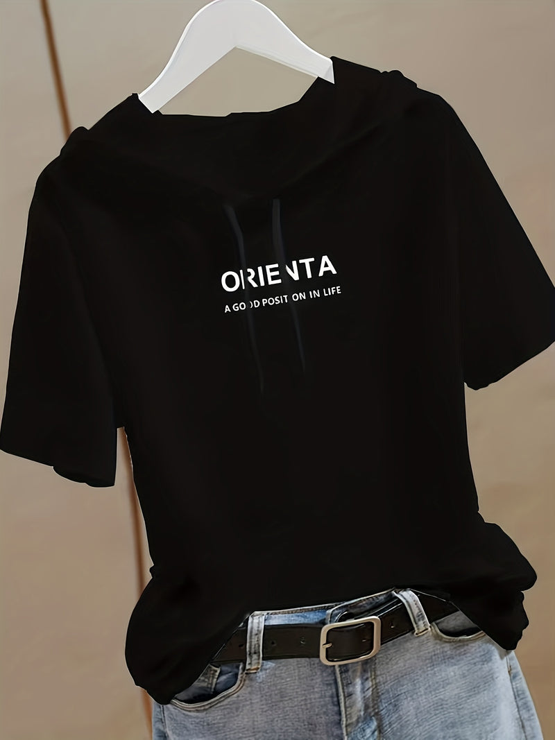 Summer New Korean Version Loose Short Sleeve Thin Trendy Printed Hooded T-Shirt for Women.