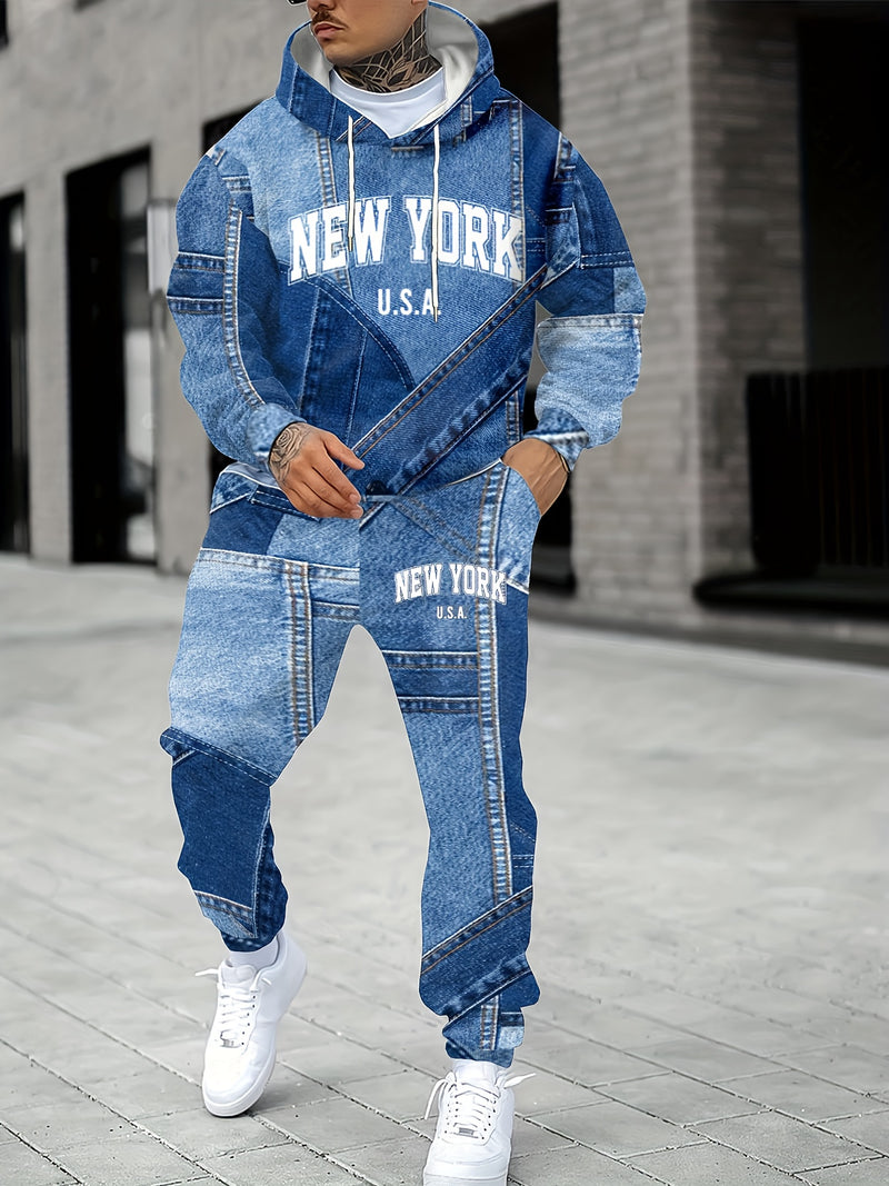 Men's Autumn Lettered Faux Denim Effect Hoodie And Sweatpants Two-Piece.