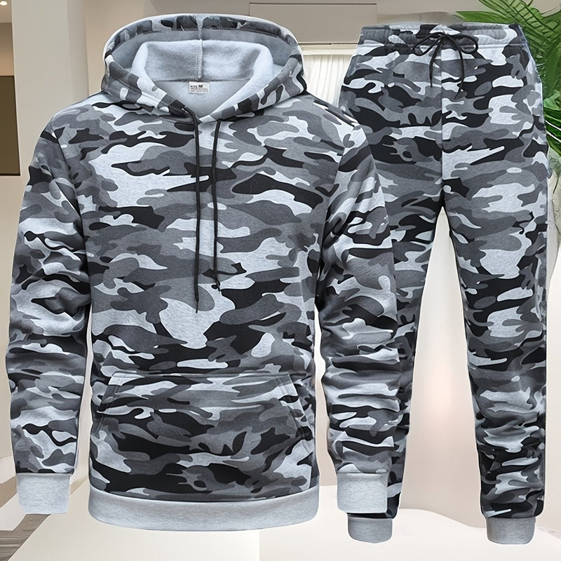 Men's Camouflage Print Hooded Sweatshirt and Jogger Set.