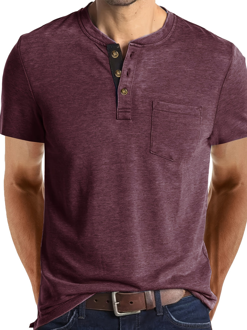 Men's Henley Round Neck Short Sleeve T-Shirt.