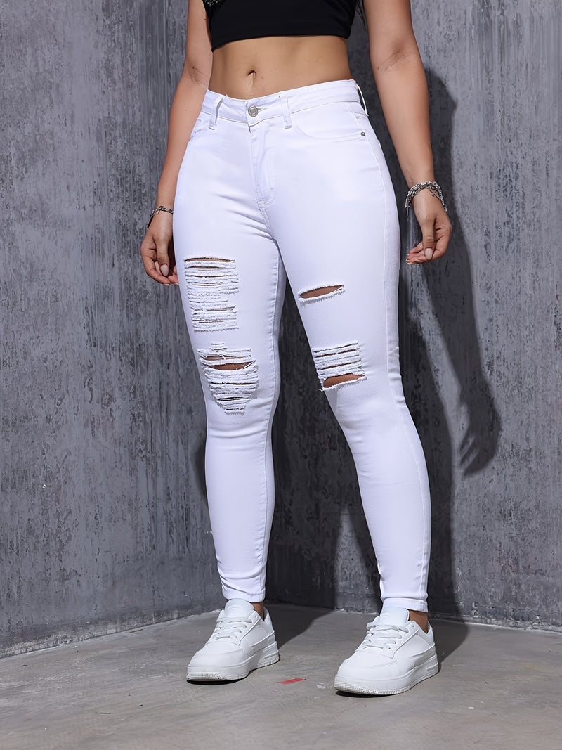Women's Ripped Skinny Pants, Elastic Slim-fit.