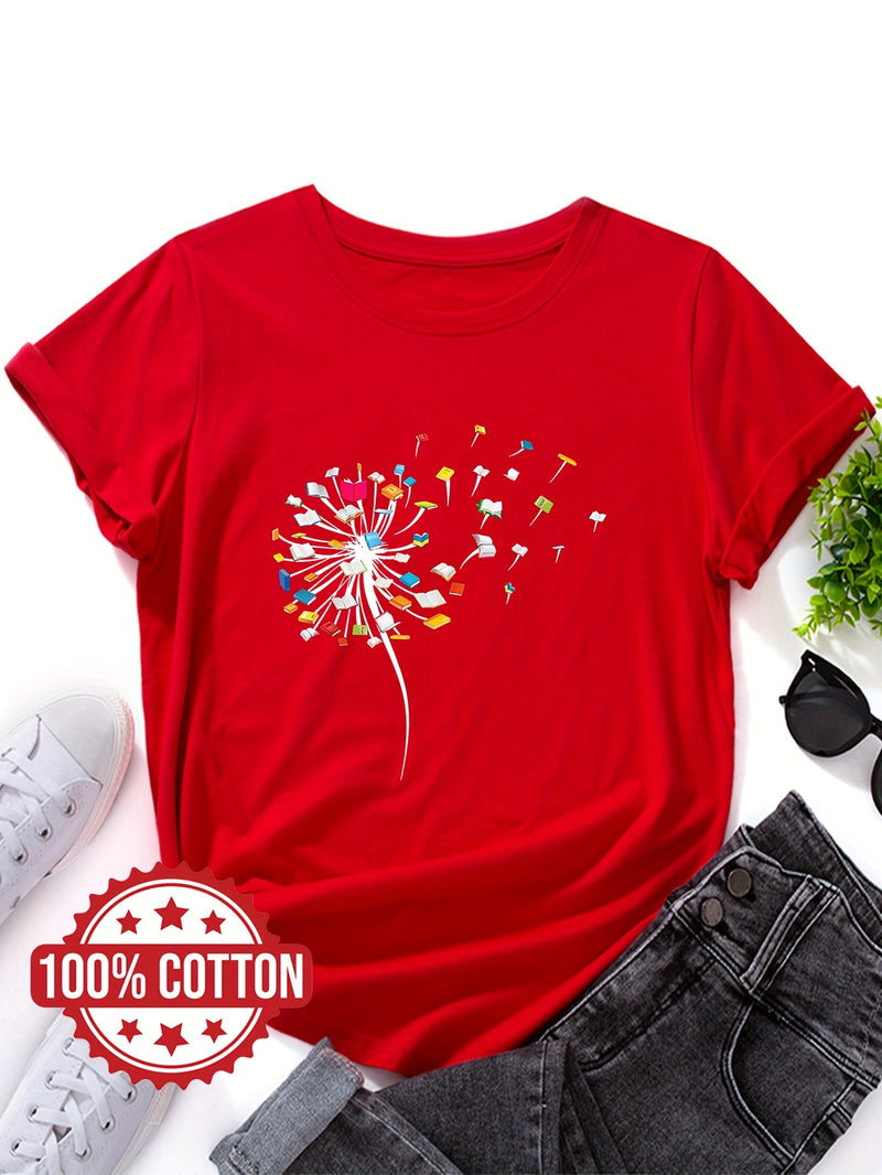 Women's "Dandelions and Books" Graphic T-Shirt.