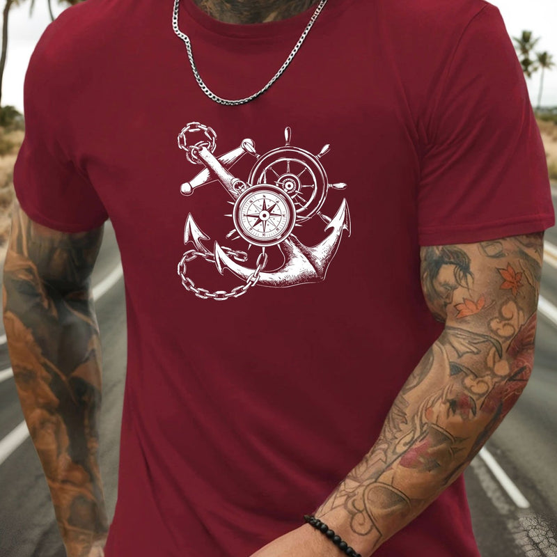 Men's Casual Summer T-Shirt with Anchor and Compass Graphic.
