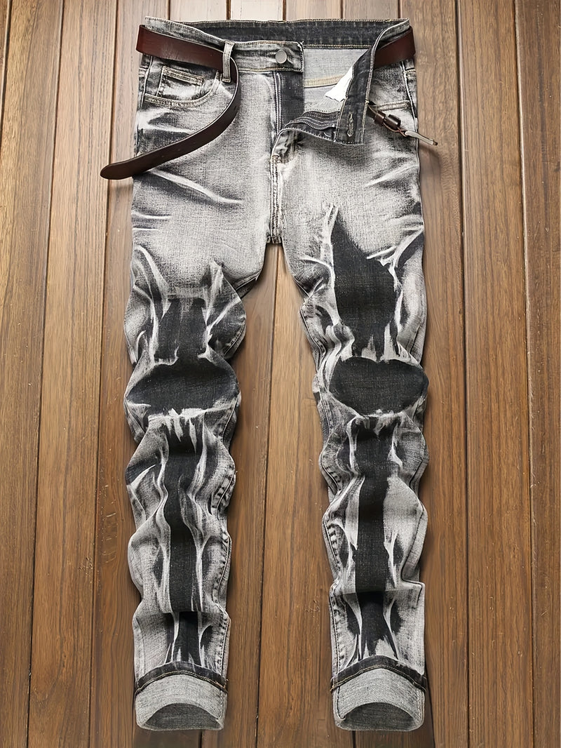 Men's Slim-Fit Stretch Denim Jeans with Irregular Tie-Dye Design.