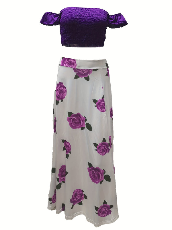 2pcs Women’s Off Shoulder Crop Top & Floral Print Skirt Outfits.