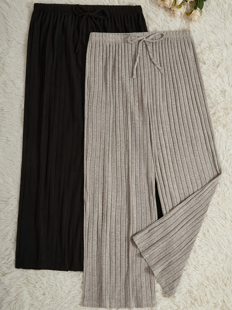 2-Pack Solid Color Fashion Ribbed Casual Wide Leg Women's Pants.