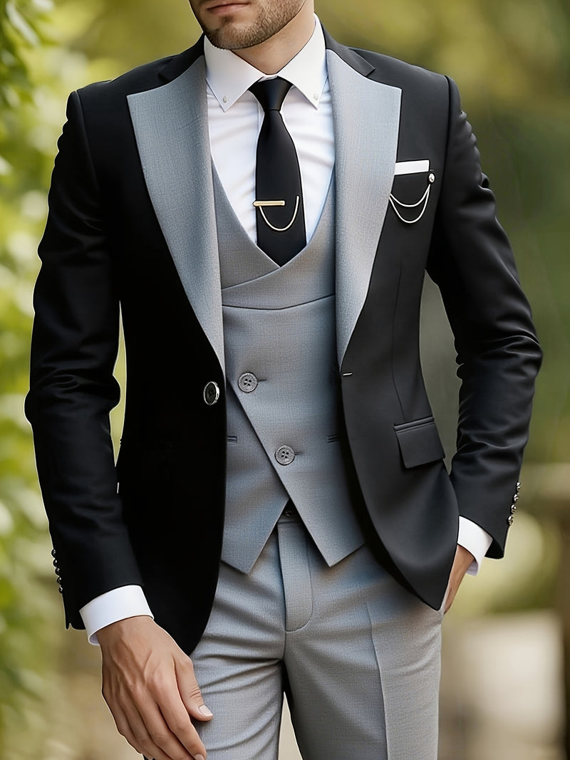 Men's 3pcs Suit Set, Including a Blazer, Vest, And Trousers.