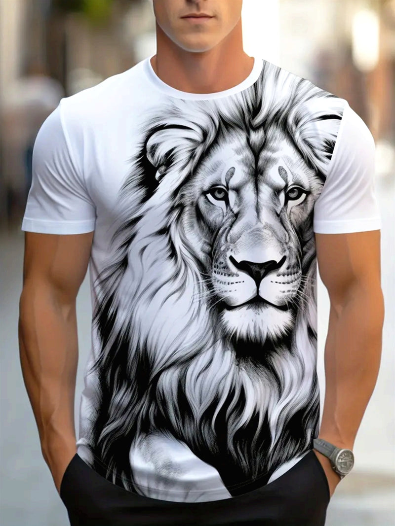Men’s T-shirt Streetwear Featuring a 3D Print Lion Graphic.