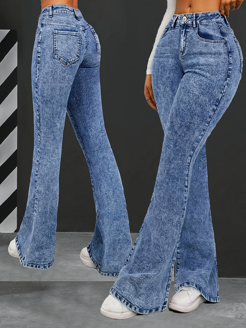 Women’s Blue Snowflake Stretch Fashion Flared Jeans.