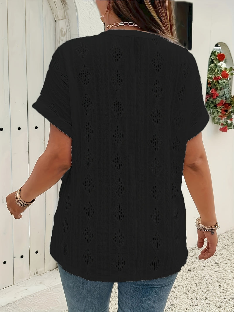 Women's Short-Sleeve V-Neck Solid Color Jacquard Hollow-Out Two-Piece T-Shirt.