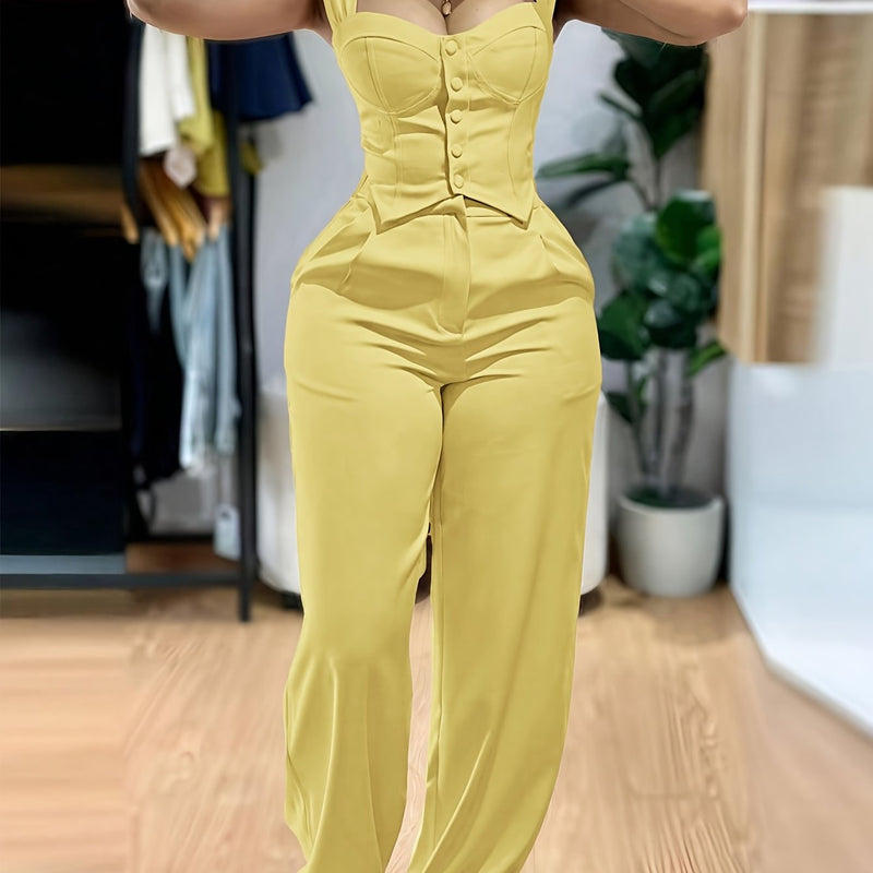 Women’s Elegant Two-Piece Set with Thick Straps And Buttoned Front.