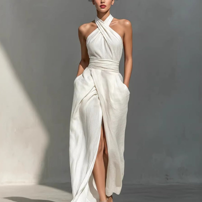 New Women's Sleeveless Elegant Slim Fit Pure White Dress.