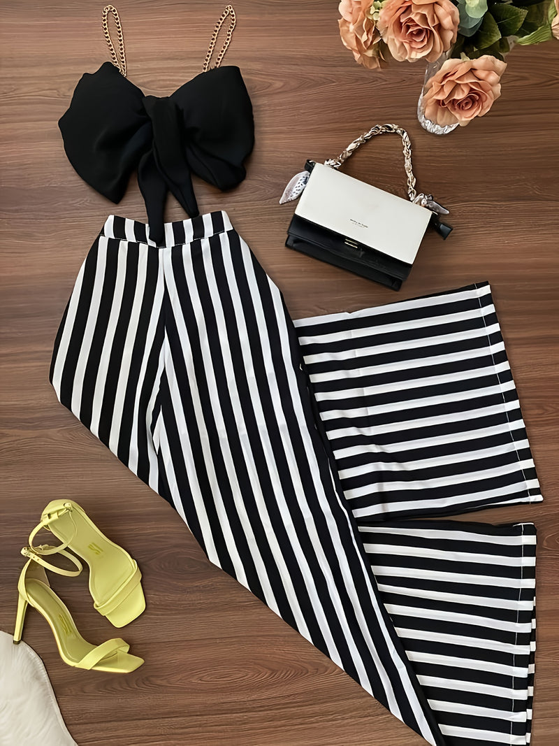 2pcs Women’s Elegant Black Tie-Up Camisole And Black And White Striped Wide-Leg Pants.