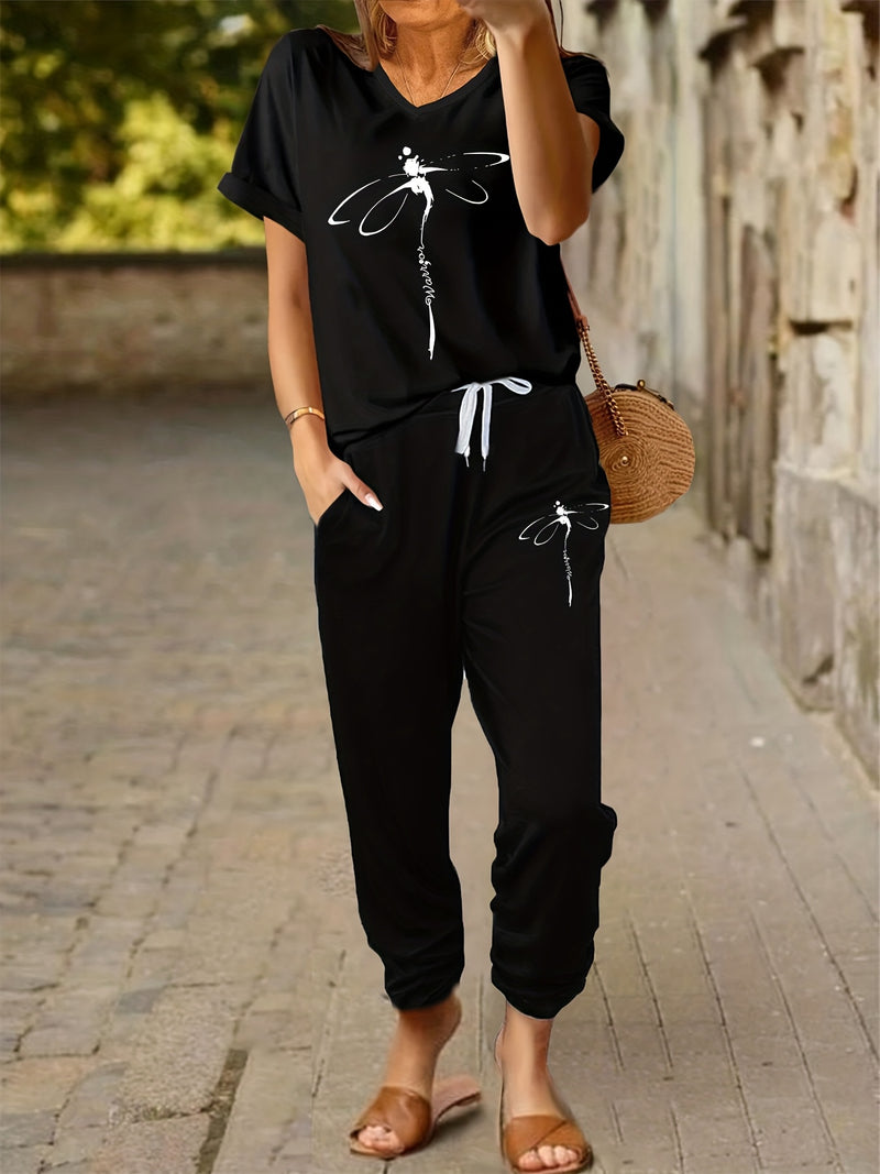 Women's 2pcs Outfit - Batwing V-Neck Top with Dragonfly & Letter Print.