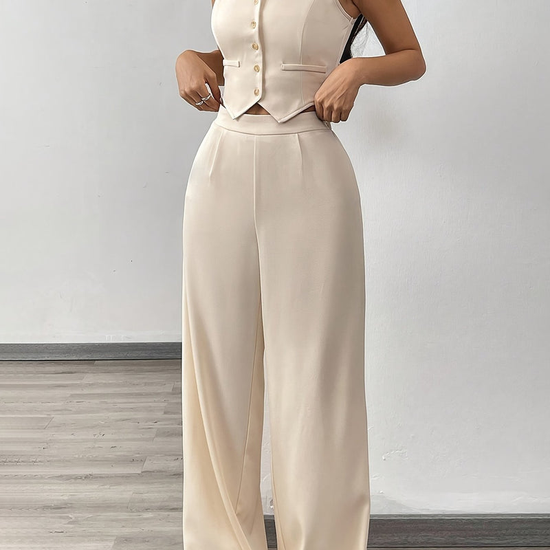 Women’s Apricot-Colored Sleeveless Cardigans with Square Necklines And Loose-Fitting Wide-Leg Pants.