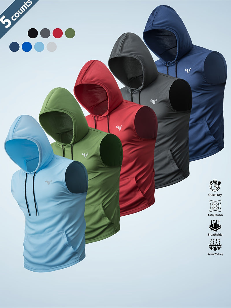 Five-Pack Summer Solid Color Men's Hooded Sweatshirts with Pockets.