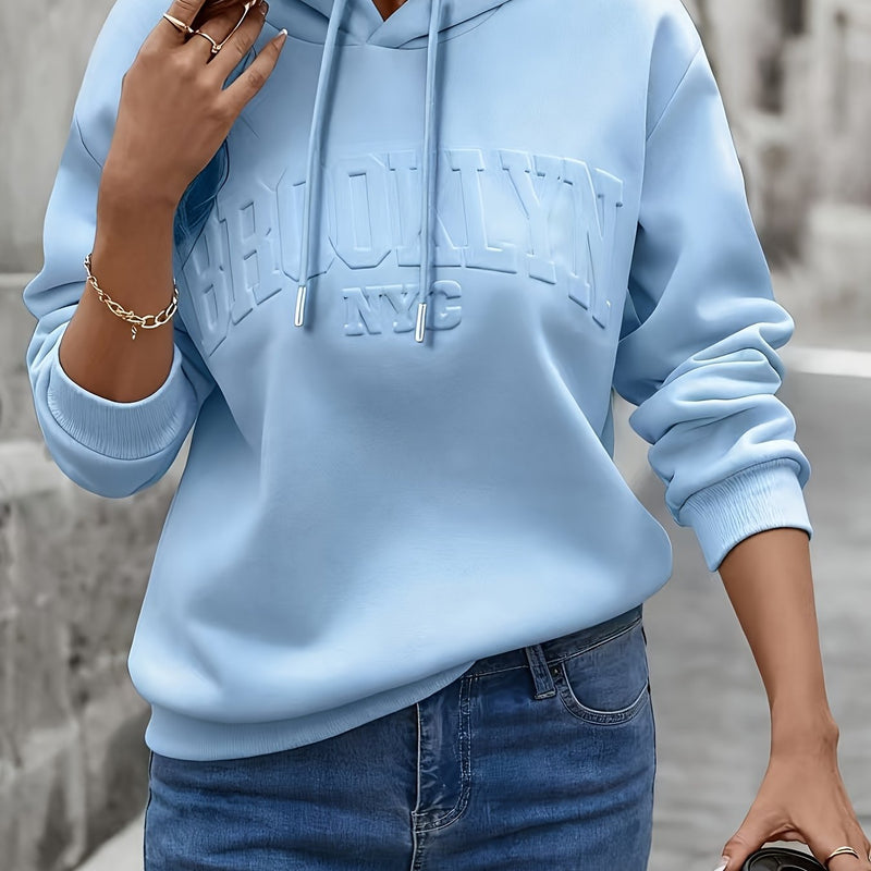 Women's Letter Embossed Print Flat Pullover Hoodie.