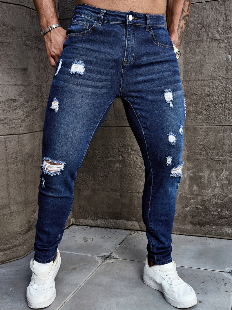 Men's Skinny Ripped Jeans Medium Stretch, Solid Color, All-Season Fit.