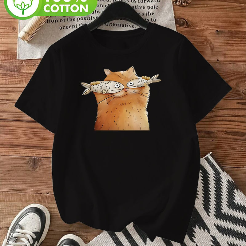 Women's Short-Sleeve T-Shirt with Cute Kitten & Cat Paw Print.