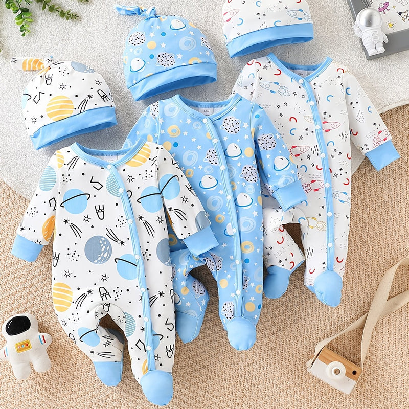 A Set of Three Cute Cartoon-Patterned Footed Onesies with Hats.