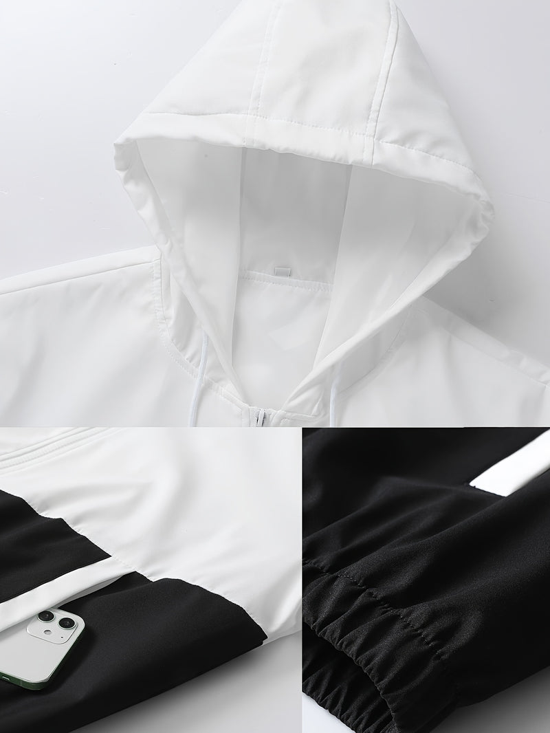 2pcs Men's Spring And Autumn Hooded Color-Block Casual Sports Suit.