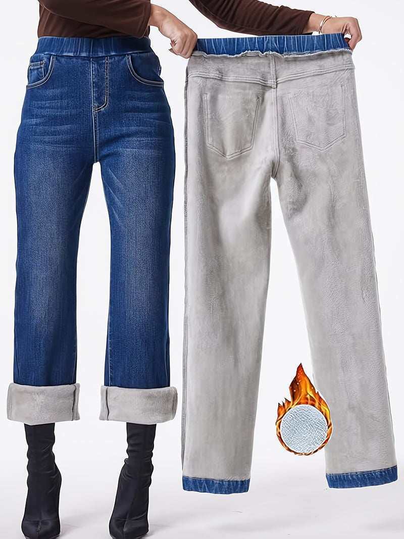 Autumn/Winter New Elastic Waistband Plush-Lined Straight-Leg Jeans for Women.