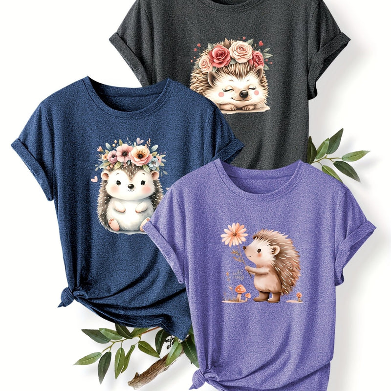 3pcs Women's Cute Hedgehog Graphic T-Shirts.