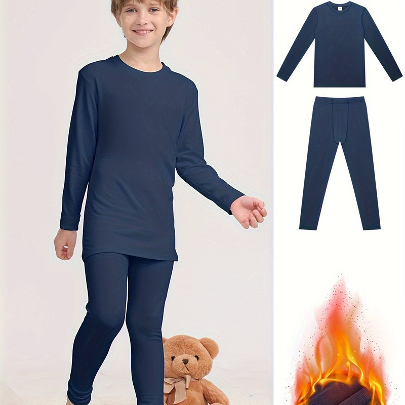 Warm Clothing Set for Boys, Featuring a Solid Color.