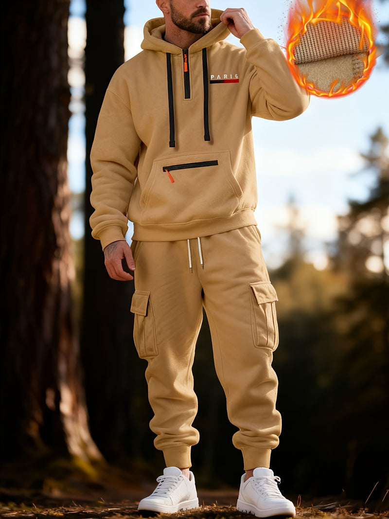 Men's Halloween Paris Letter Print Hoodie & Drawstring Cargo Jogger.