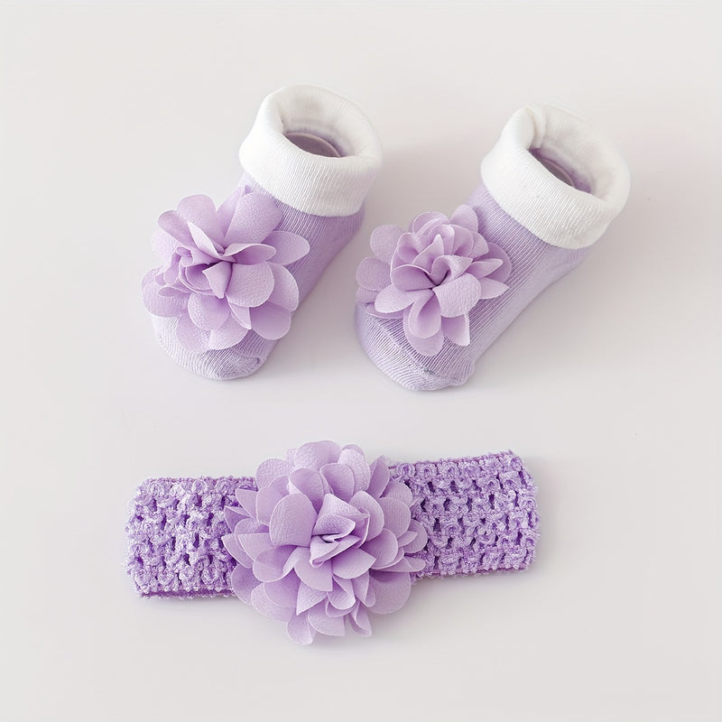 A Set of 1 Pair of Baby Flower Socks Along with a Baby Mesh Headband.