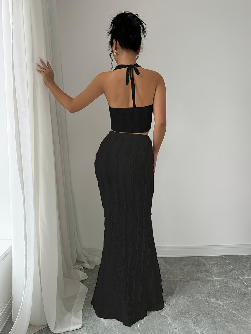 Women's 2pcs Sleeveless V-Neck Twist Halter Backless Bodycon Mermaid Dress.