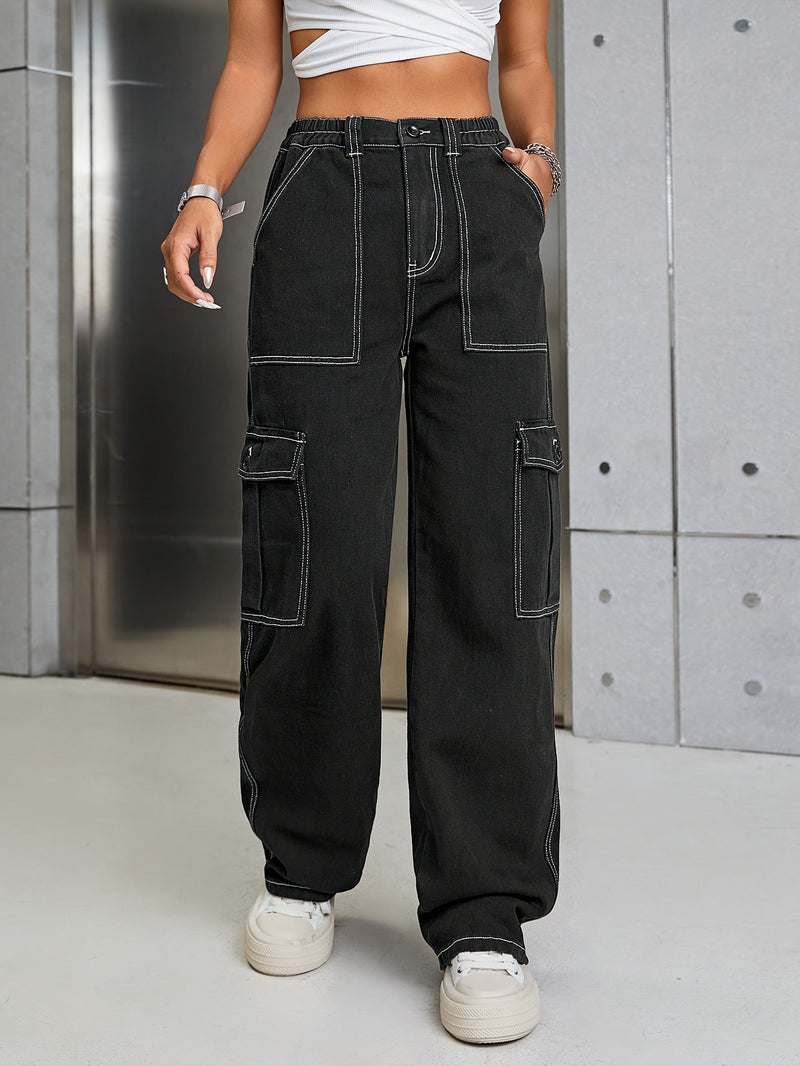 Women's Autumn And Winter Washed Black Slim-Fit Denim Work Pants.