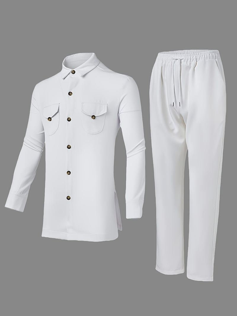 Men's Business Suit Set: Button-Up Cardigan + Drawstring Pants.