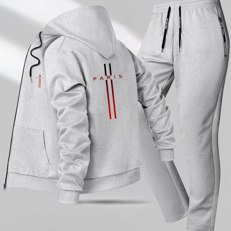 Men's 2pcs Slim-Fit Winter Jacket & Pants Suit with Paris Lettering.
