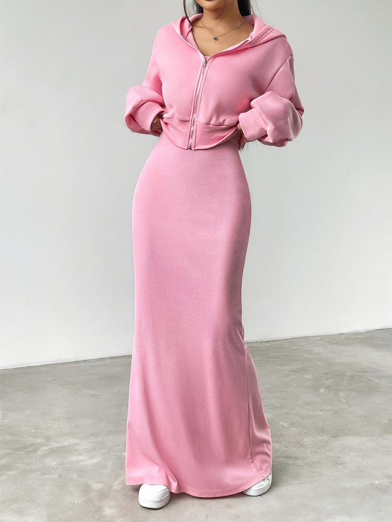 Women’s Elegant Solid Color Hoodie Jacket Paired with an Ultra-Long Dress.