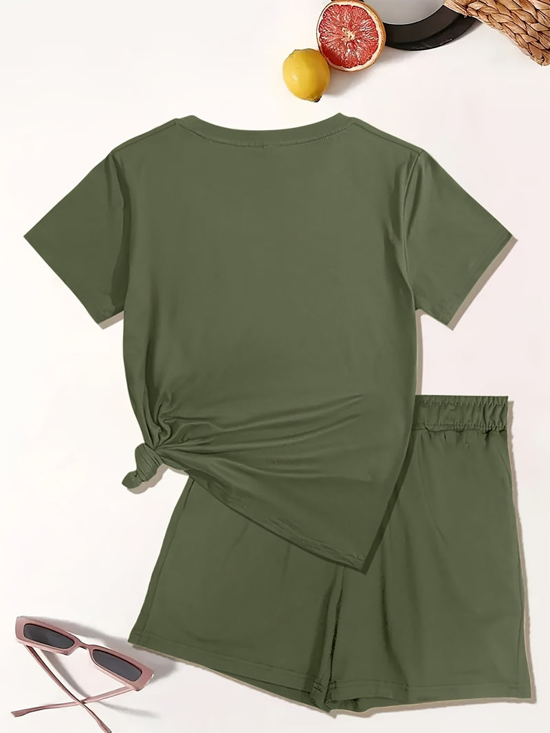 Women’s Graphic Print Two Piece Set, Short Sleeve T-shirt & Shorts.