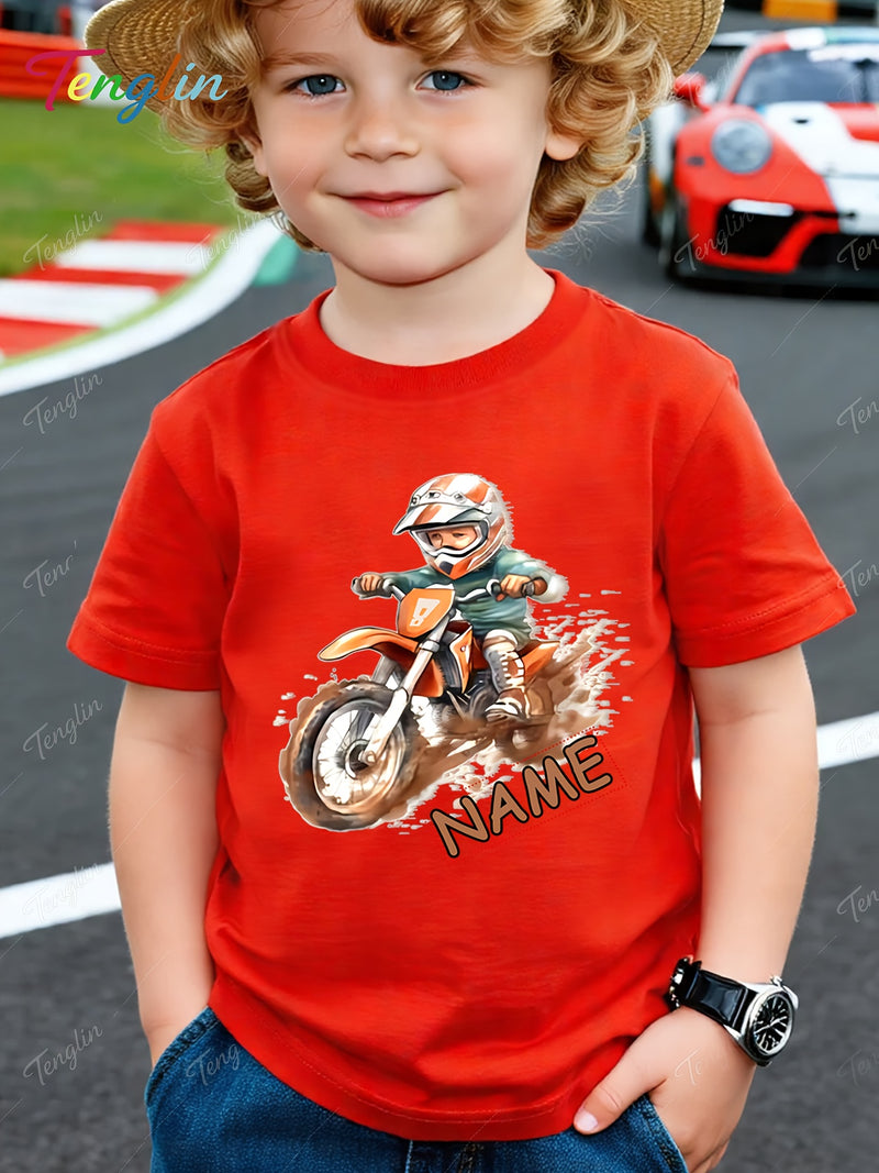 Custom Motorcycle Print Short Sleeve T-Shirt for Boys and Girls.
