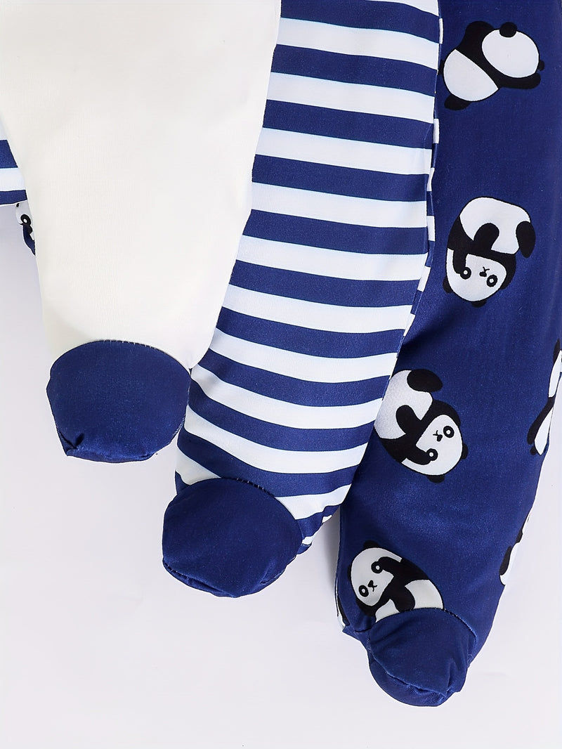 4-Season Cute Panda Striped Solid Color Newborn Baby Crawling Romper.