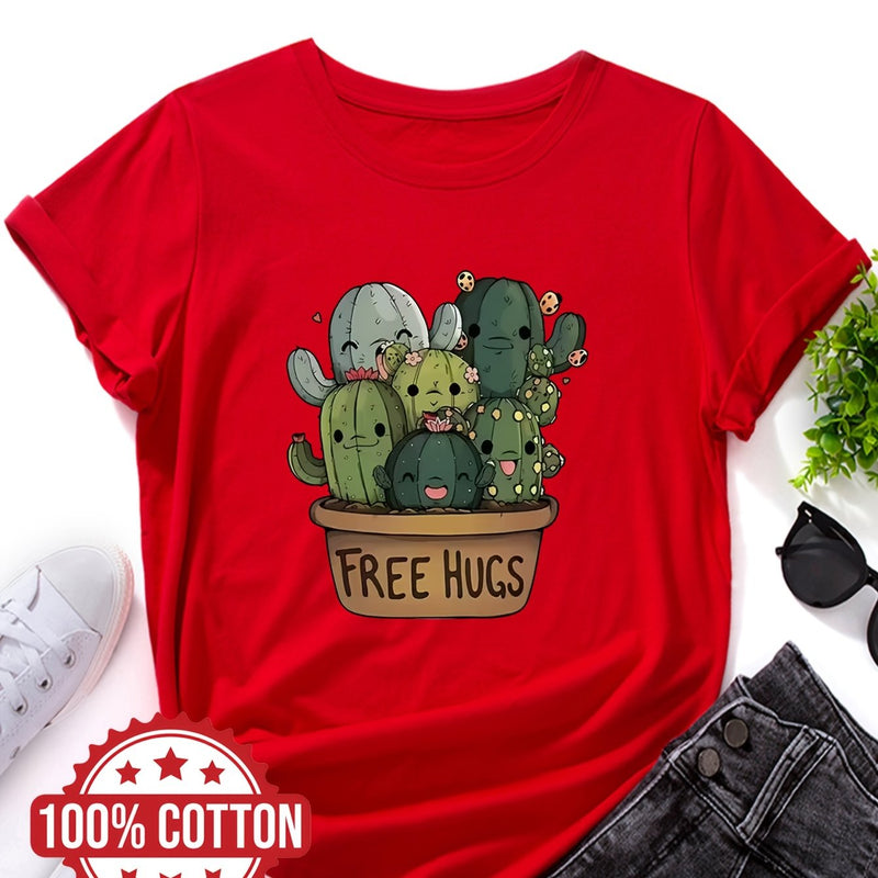 Women's "Free Hugs" Slogan T-Shirt.
