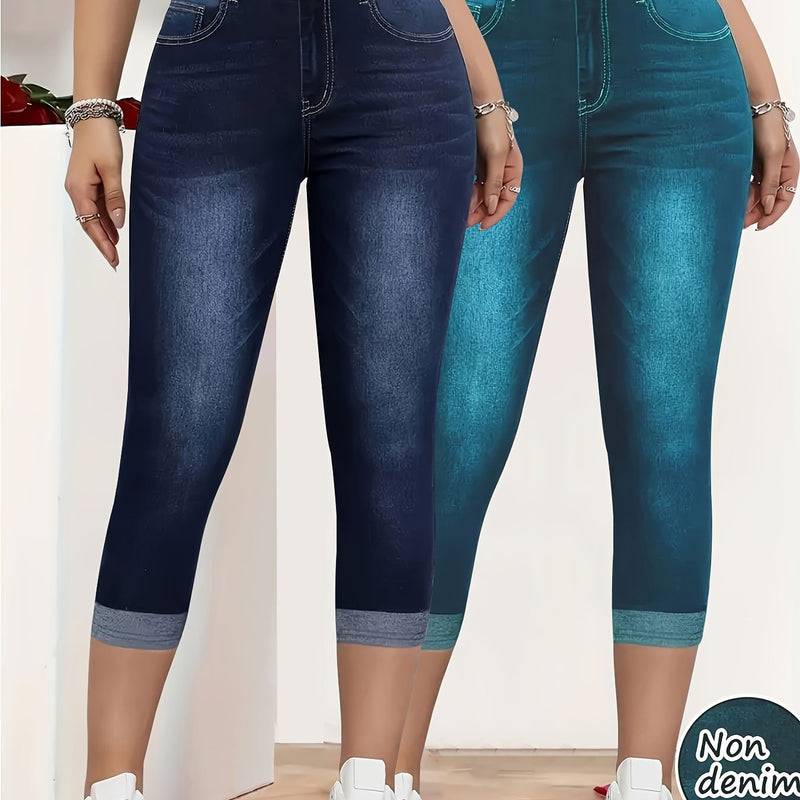 New Two-Piece Set, Faux Denim Women's Slim-Fit Leggings.