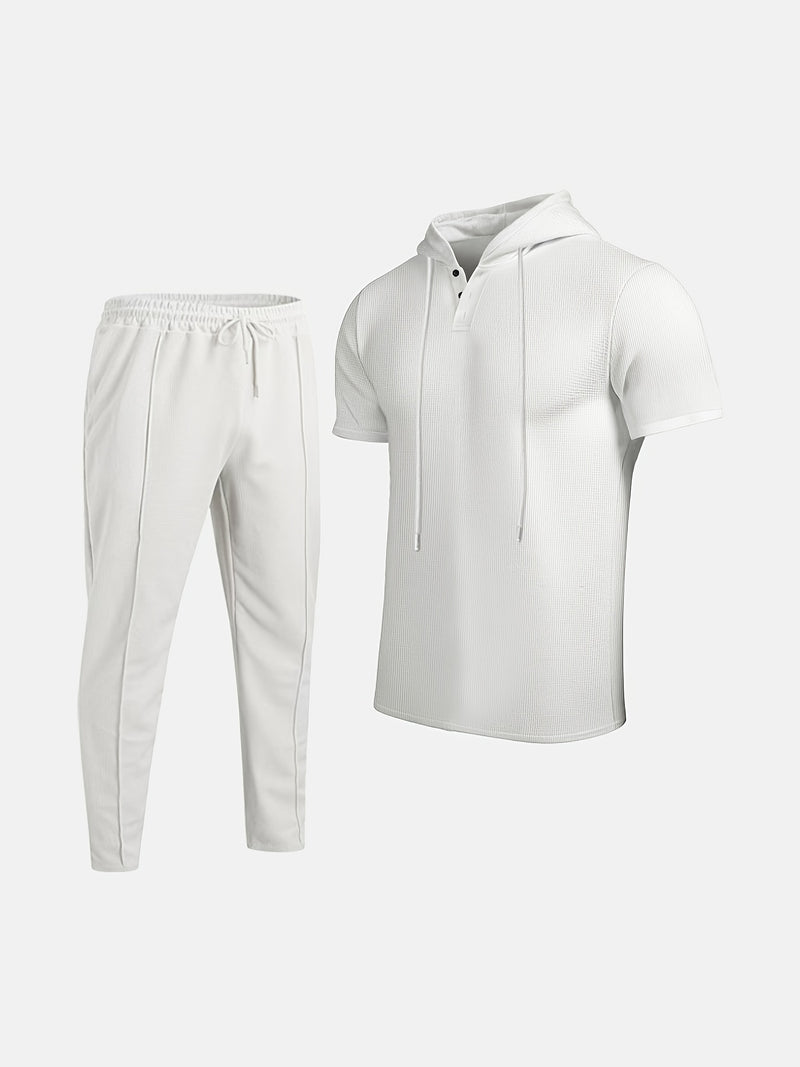Men's set short sleeved hooded top with drawstring elastic waistband.