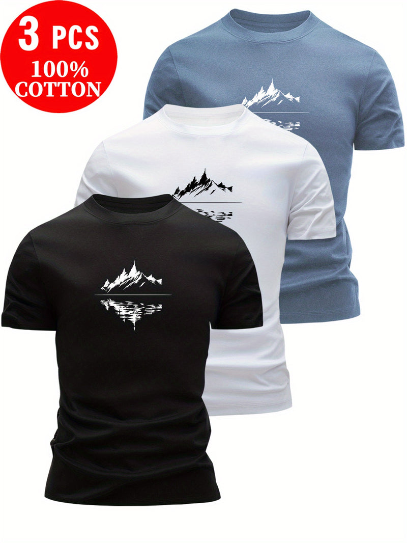 3pcs 100% Cotton T-Shirts with Landscape Pattern.